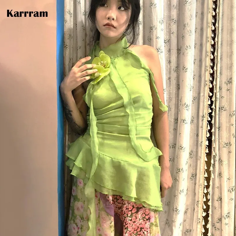 Karrram japanische y2k Neck holder Tops Baumwolle Ästhetik Chiffon Tank Top Vintage Harajuku grün gekräuselte ärmellose Tops 1920er Jahre