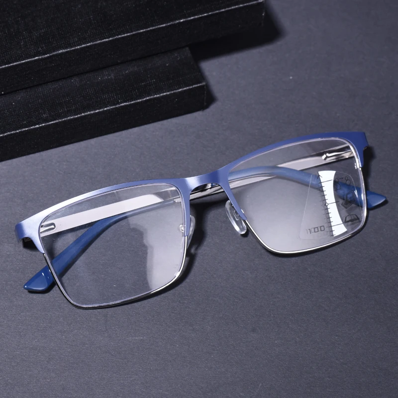 Blaue Rahmen-Progressive-Multifokal-Lesebrille für Männer, Anti-Blaulicht-Weitsichtbrille, Herren-Brille mit übergroßem Rahmen, Presbyopie-Brille Image