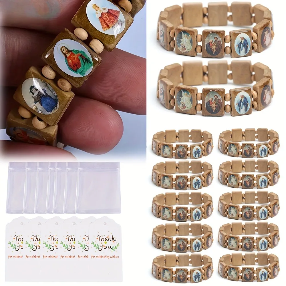 6/12/20/40 Sets Religiöse Holzarmbänder als Gastgeschenke, Perlenarmbänder mit Heiligenbildern, Dankeskarten & Beutel Image