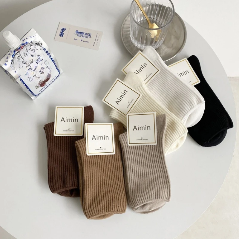 6 Paar Frühlings-Herbst-neue Damensocken, einfarbig, atmungsaktiv, schweißabsorbierend, einfache, bequeme lange Socken Image