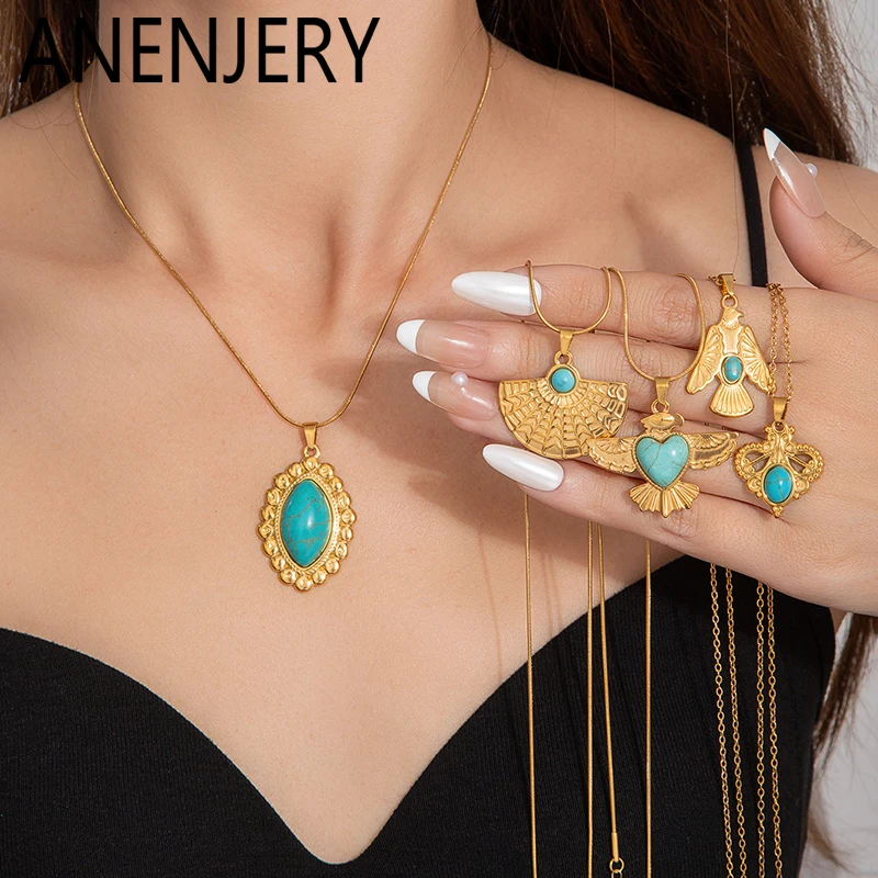 ANENJERY 316L Edelstahl Türkis Geometrie Fan-form Vogel Halskette Für Frauen Nische Design Vintage Böhmen Schmuck Geschenke Image