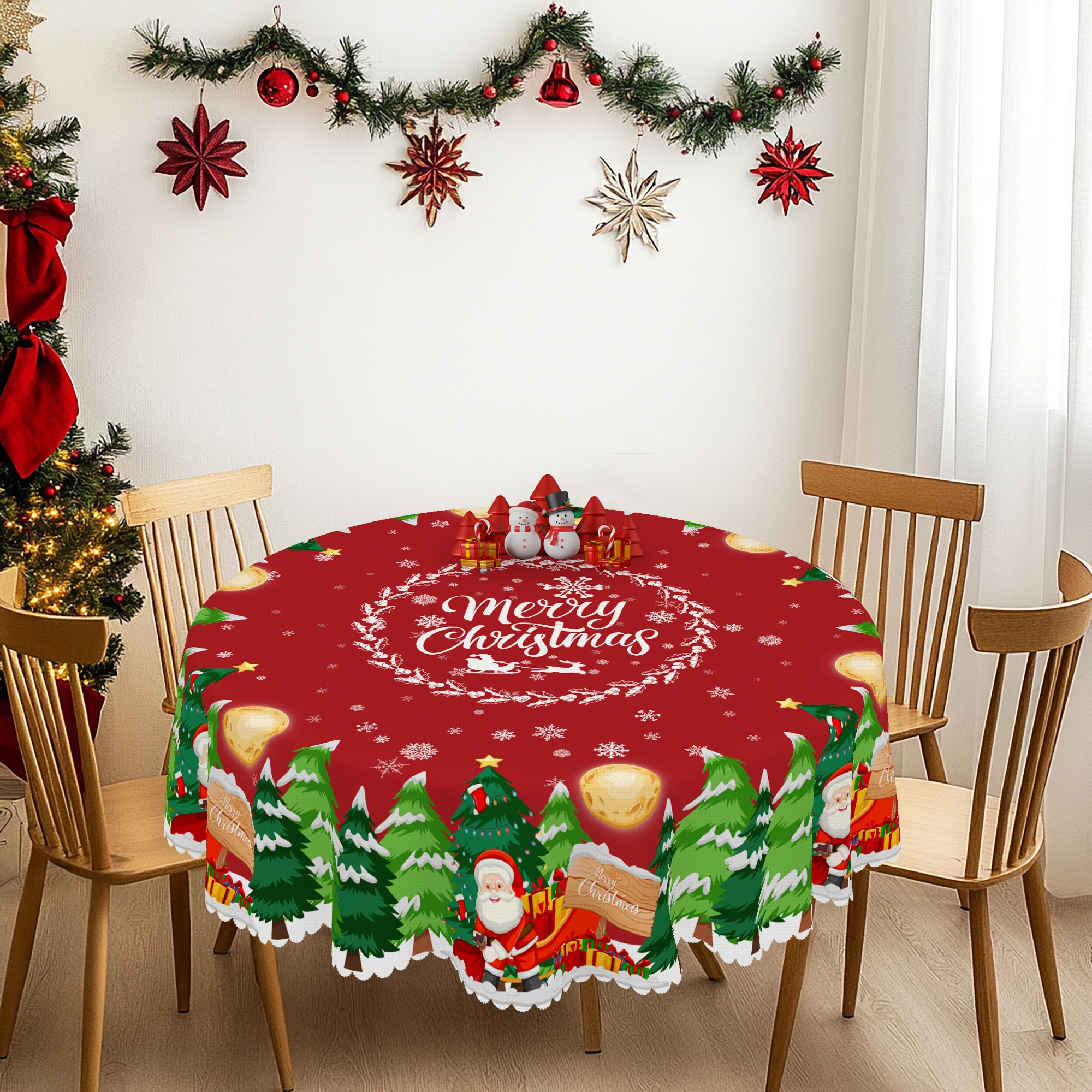 1-teilige runde und rechteckige Weihnachtstischdecke, verschiedene Größen, Weihnachtsmann-Geschenkbox, Druckmuster, rote Tischdecke, geeignet für den täglichen Gebrauch in Heimküchen, Image