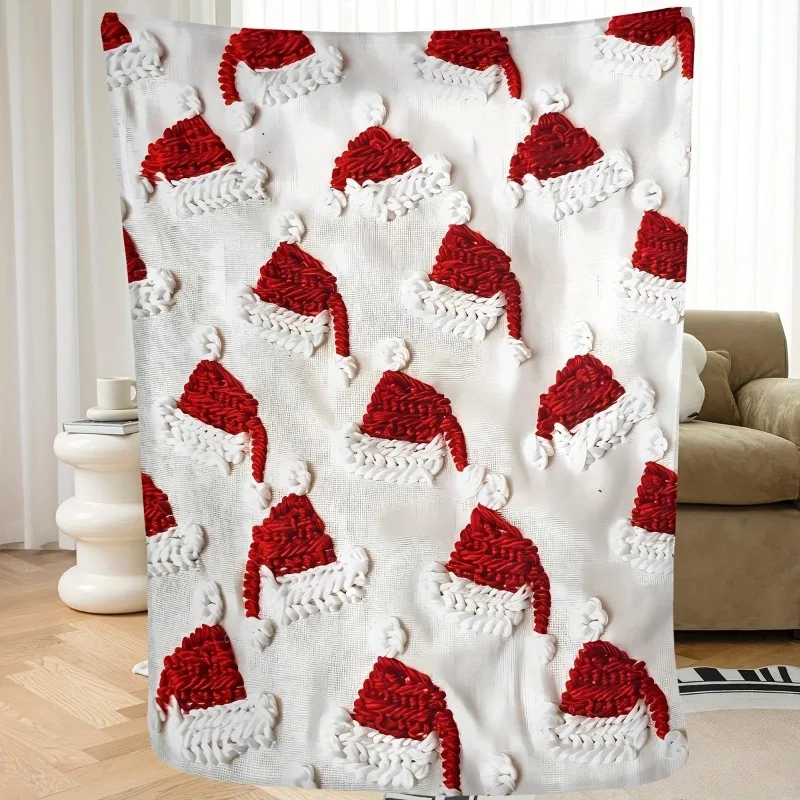 Flanell-Weihnachtsdecke – roter und weißer Weihnachtsmütze-Aufdruck, bequeme Decke für die ganze Saison, modernes Feiertags-Bettlaken Image