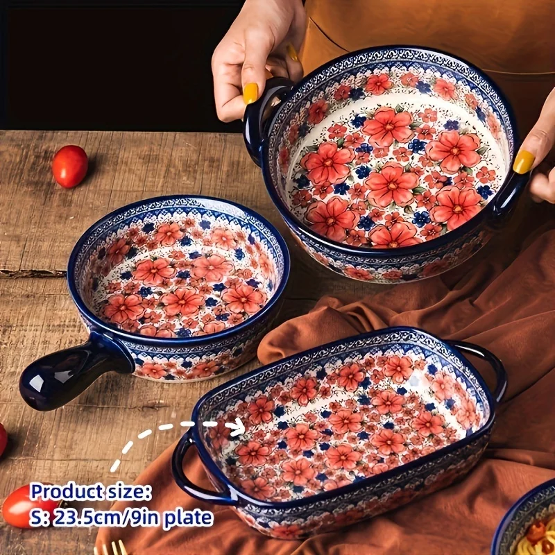 Handbemalte Keramik-Bratpfannen mit Griffen – Backgeschirr mit Blumenmuster für Ofen, Auflauf, Käsebacken, Lasagne-Pfanne Image