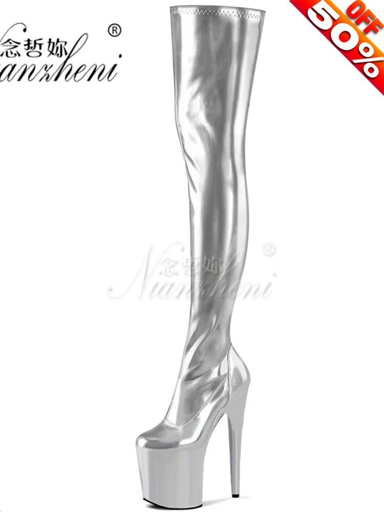 8 Zoll hohe Stiletto-Plateau-Stiefel in Silber, Gothic Overknee-Stiefel, leichtere Stripper-Schuhe, Gothic Pole Dance, 20 cm, exotisch, neu