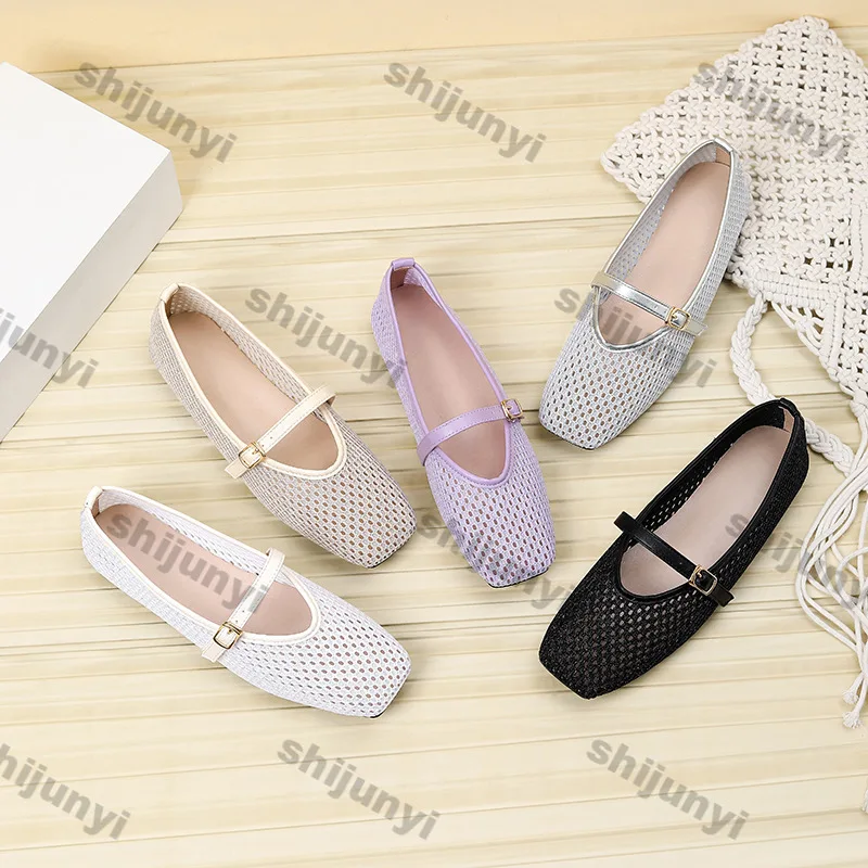 Schnallenriemen-Wohnungen für Damen, 2025, Sommer, neue Mode, hohle Mesh-Mary-Jane-Schuhe, große Größe, bequeme, atmungsaktive Freizeitschuhe