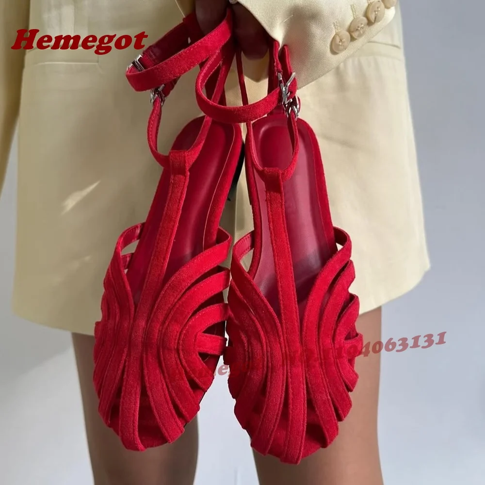 Rote Wildleder-Sandalen mit Aussparungen, runder Zehenpartie, T-Riemen und Knöchelschnalle, Damen-Sandalen mit Slingback und niedrigem Absatz, luxuriöse Sommer-Freizeitschuhe