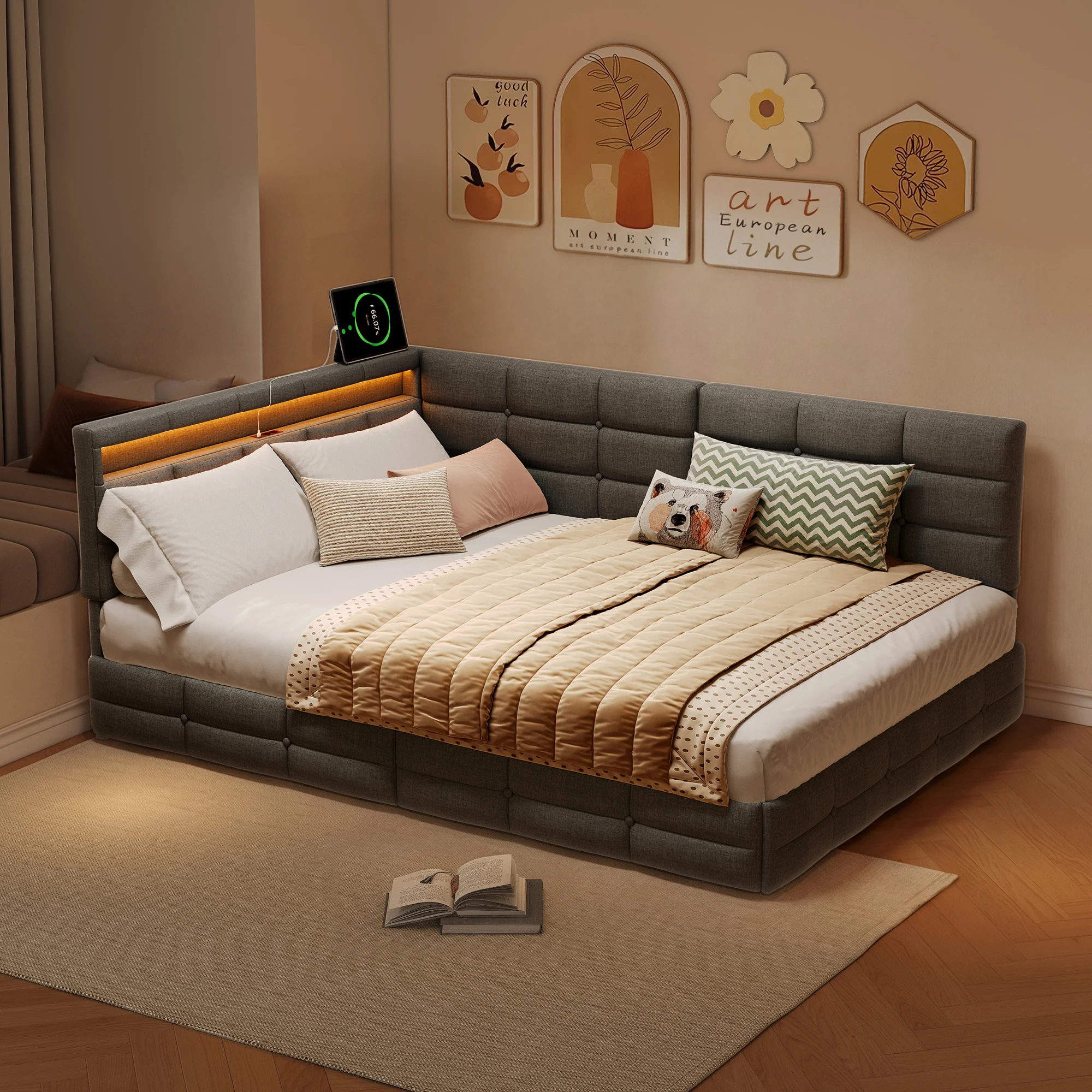 Rosahqnda Polster-Schlafsofa 90/140x200cm mit 2 Schubladen, Jugendbett mit LED-Beleuchtung und USB-Ladestation, Einzelbett Image
