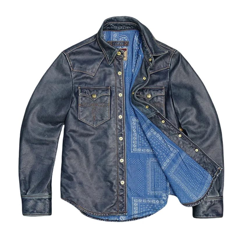 Slim-Fit-Jacke aus echtem Leder, blaues Vintage-Hemd, genarbtes gewaschenes Vintage-Leder, bestickte Taschendetails, Übergröße 5XL