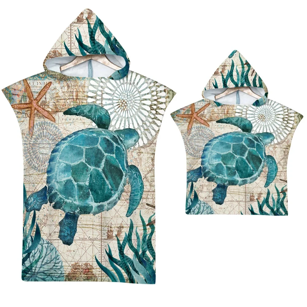Meeresschildkröten-Badetuch, schnell trocknender Kapuzenumhang, großes Handtuch, Mikrofaser-Strandtuch, Neoprenanzug, Eltern-Kind-Poncho für Erwachsene, Bademantel Image