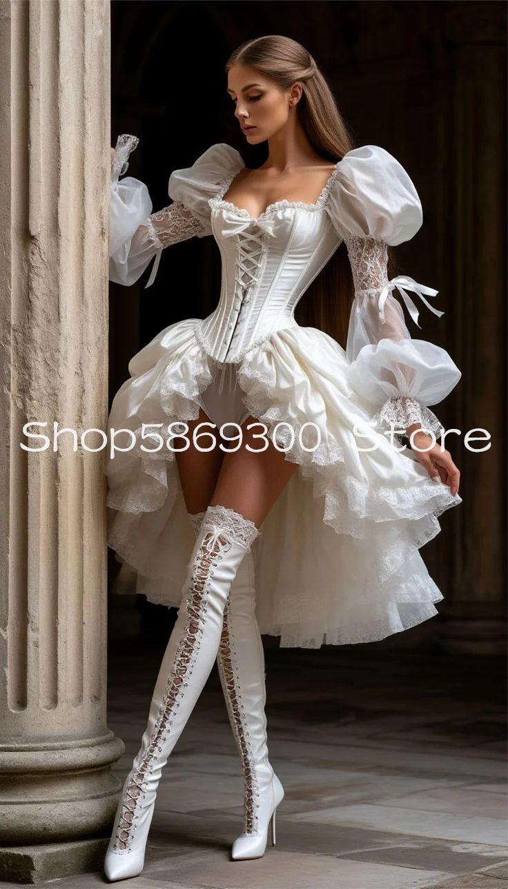 Geschichte Viktorianisches High-Low-Kurzschlussballkleid, bauschiges, langärmliges, herzförmiges Korsett, Schnürung, mittelalterliches Abendkleid, maßgeschneidert Image