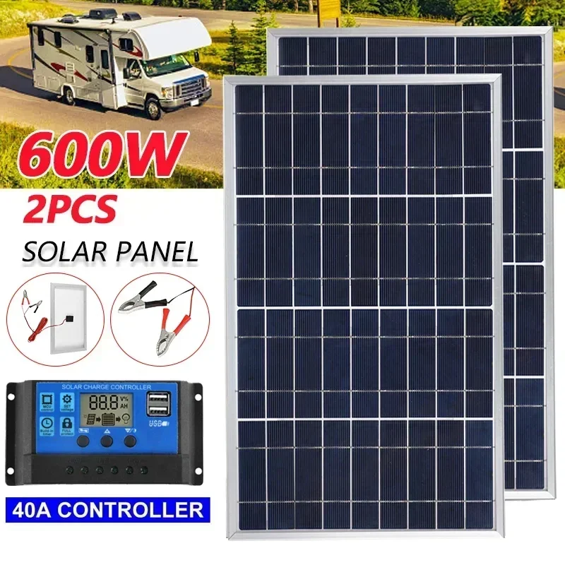 600-W-Solarpanel-Kit, kompletter 12 V polykristalliner USB-Stromversorgung, tragbarer, wiederaufladbarer Solarzellen-Solargenerator für den Außenbereich für Zuhause Image