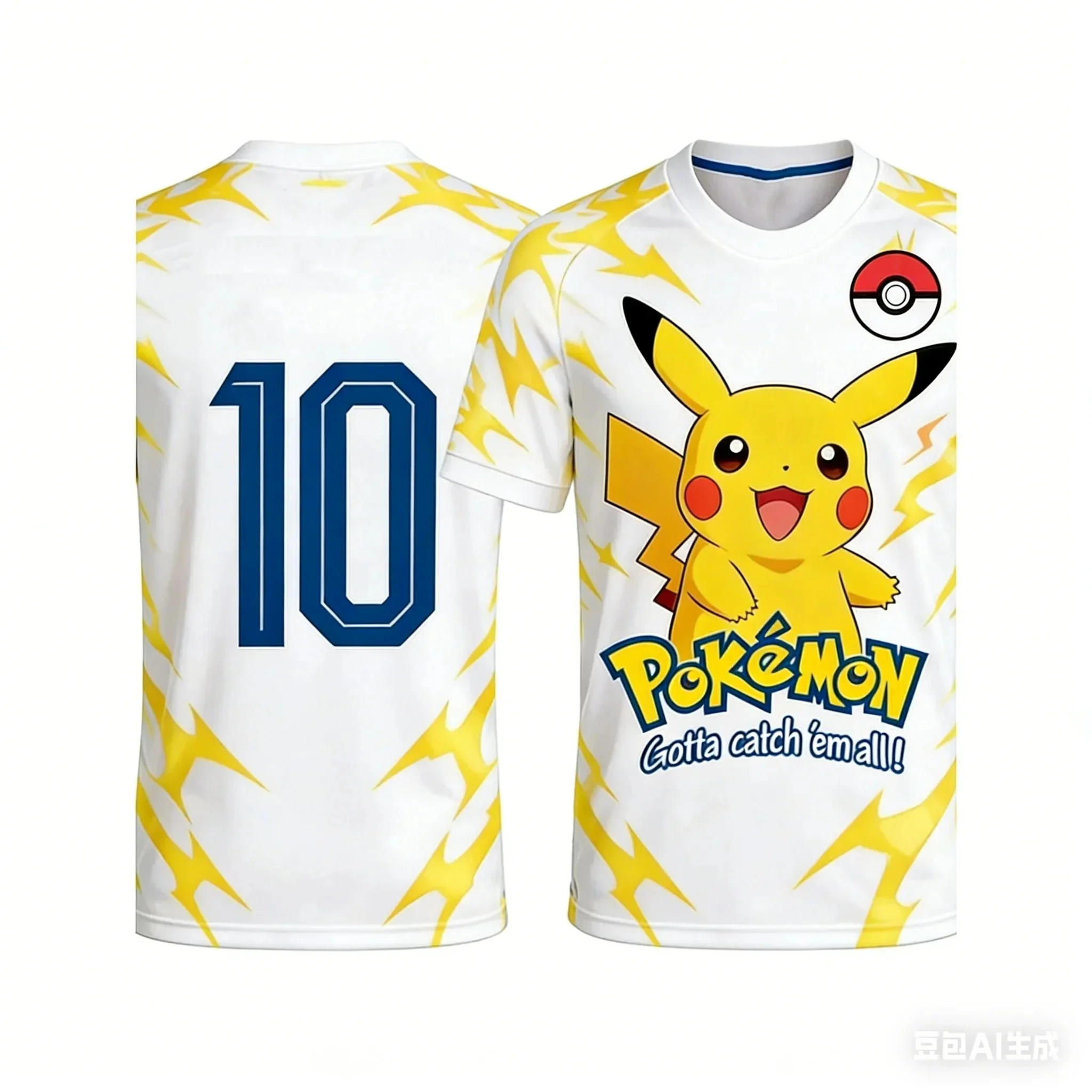 Pokémon Pikachu # 10 # Fußball-Anzug mit Blitz-Textur Bedrucktes T-Shirt Anime-Fußball-Stil Sommer Erwachsene/Kinder Kurzarm Image