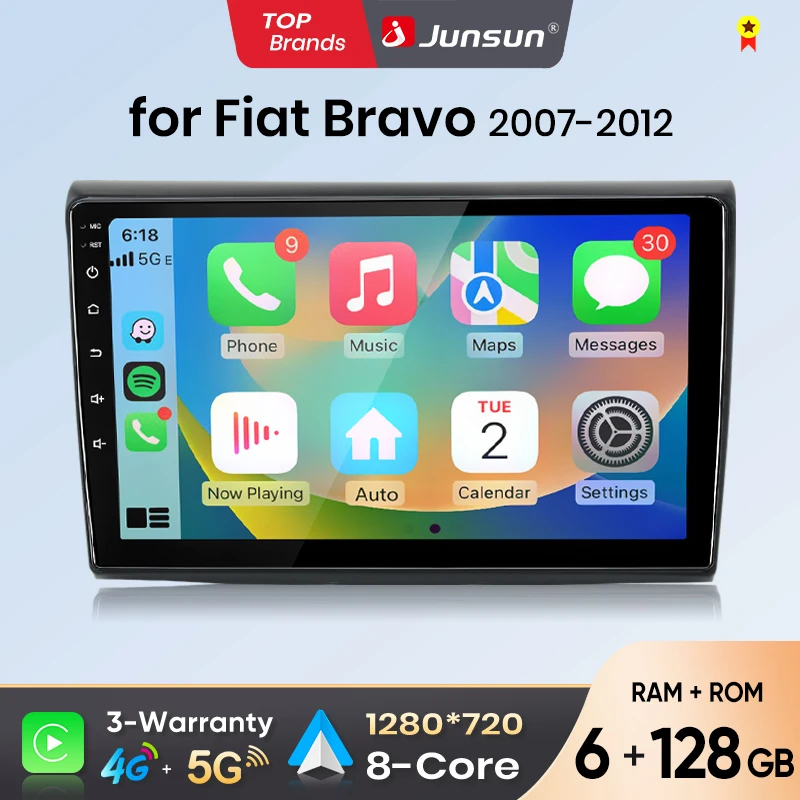 Junsun Android Auto Autoradio für Fiat Bravo 2007 2008 2009 2010 2011 2012 Multimedia Wireless Apple CarPlay Intelligente Systeme IPS Touchscreen Stereo Videoplayer 2 Din Autoradio Head Unit Image
