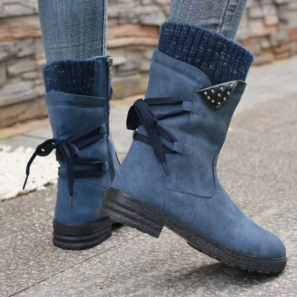 2025 neue Frauen Stiefel Herbst Winter Neue Kniehohe Schuhe Große Rohr Starke Ferse Schuhe für Frauen Strap Plissee Vintage stiefeletten