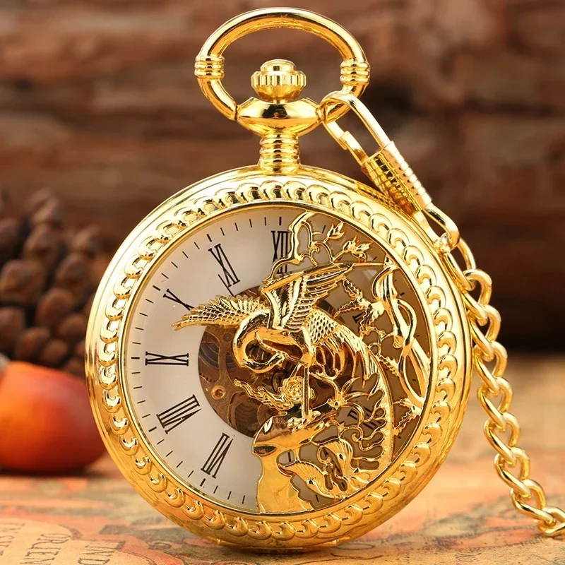 Antike Doppel Hunter Uhr Bronze/Gold Phoenix Männer Frauen Manuelle Mechanische Taschenuhr Handaufzug Uhren Anhänger Kette