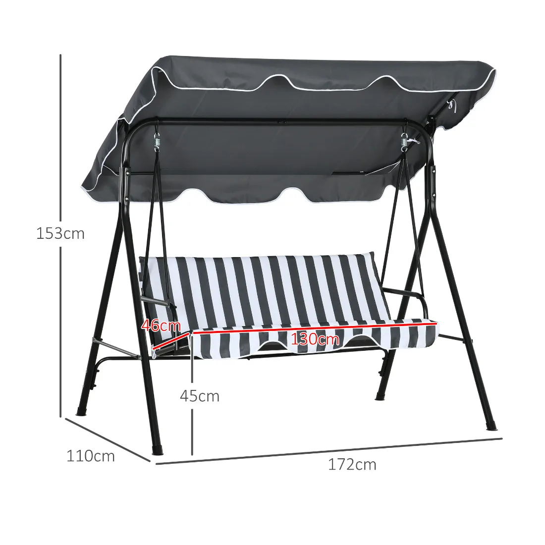 3-Sitzer Gartenschaukel mit Kissen, verstellbarem Sonnendach, 240 kg Tragkraft, 172x110x153cm, Grau+Weiß für Terrasse & Garten