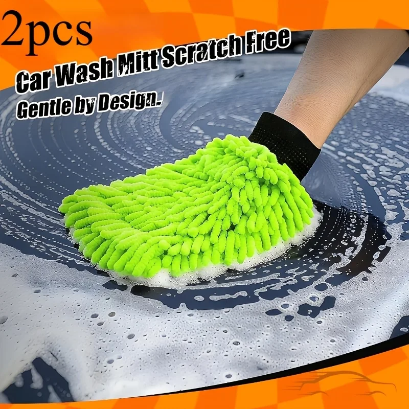2 Stück Premium Mikrofaser-Chenille Waschhandschuh, Kratzfestes Knöcheldesign Autowaschhandschuhe für Autopflege und -reinigung Image