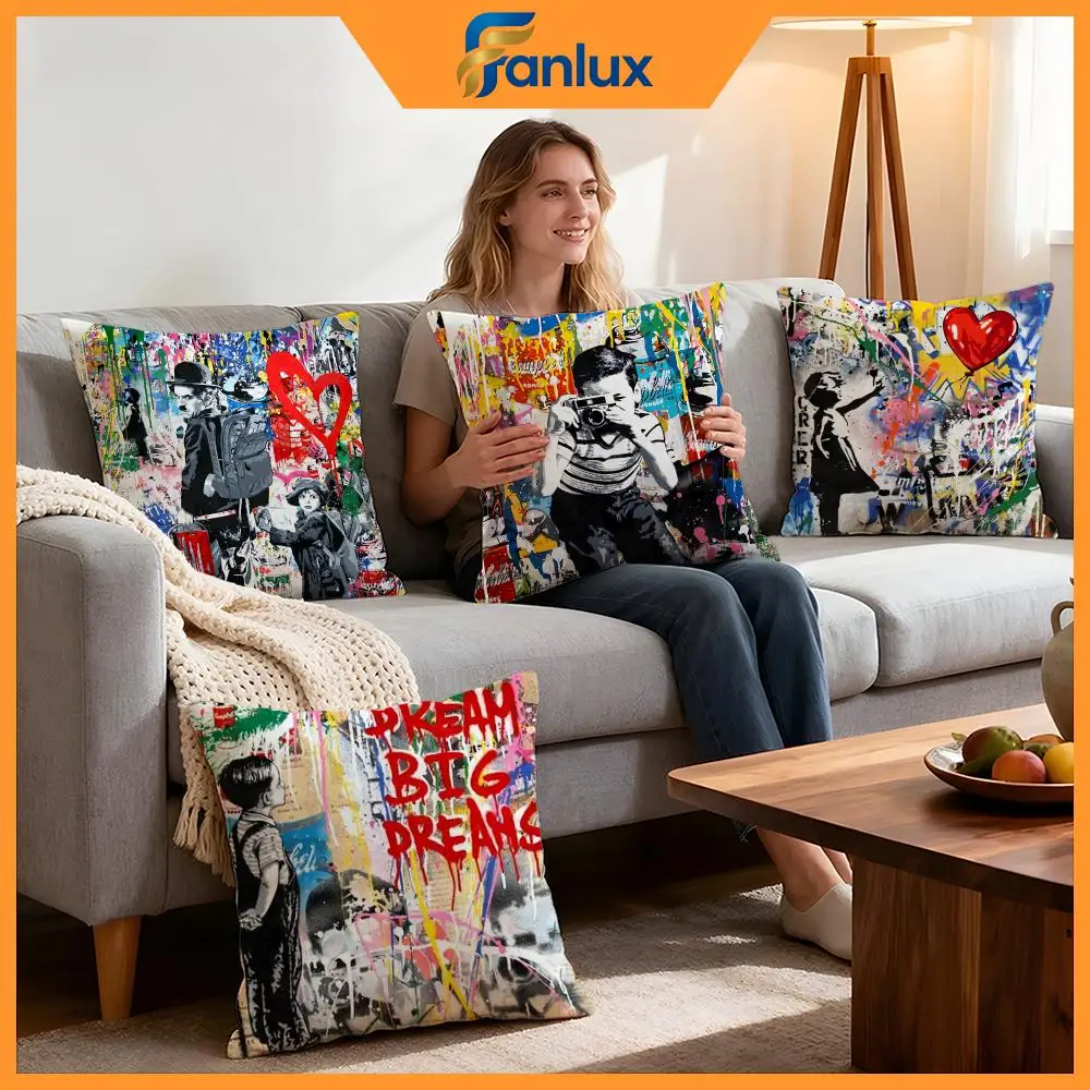 Kissenbezug von Artist Banksy, 4 Stück, dekorative Bezüge, weicher Kissenbezug für Sofa, Couch, Dekoration, 40 x 40, 45 x 45 Kissenbezüge Image