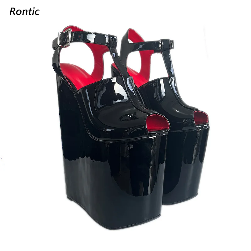 Rontic handgefertigte rote Plateau-Sandalen – Keilabsatz – maßgeschneiderte Peep-Toe-Schuhe in US-Größen 35-47