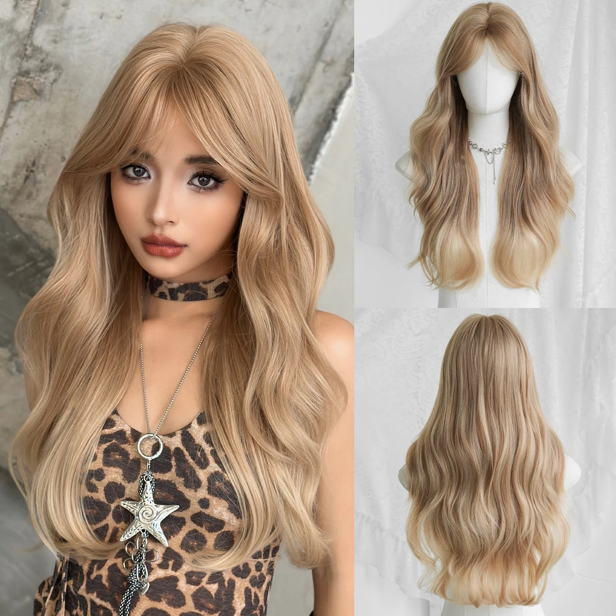 7JHH WIGS Lange Wasserwellen-Perücke in Goldbraun für Damen, Synthetische Modische Perücke mit Mittelteil und Vorhangfransen, Sofort Tragbar Image