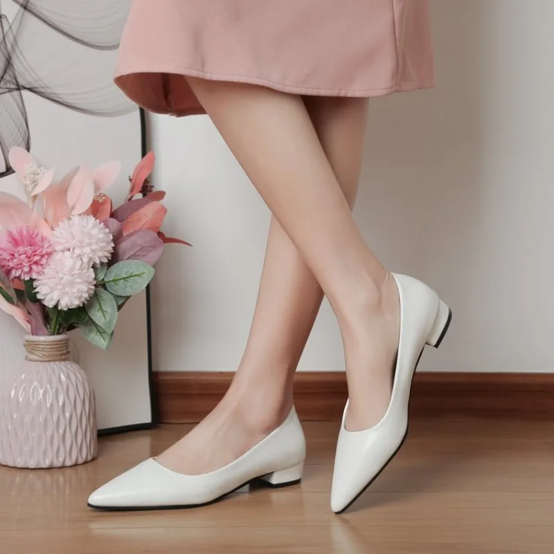 2026 Neue Lederschuhe Plus Große Größe 43, einfarbig, Basic-Stil, Frau, schwarze Arbeitsschuhe, modische niedrige Absätze, spitze Zehenpumps