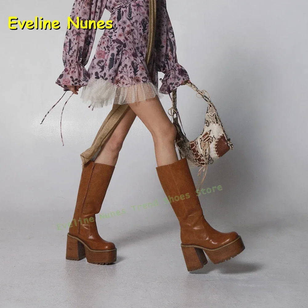 Street Style Cosplay Lolita Schuhe Herbst Rot Holz Plattform Retro Stiefel Runde Kappe Chunky Heels Ziehen Auf Spleißen Kniehohe Stiefel