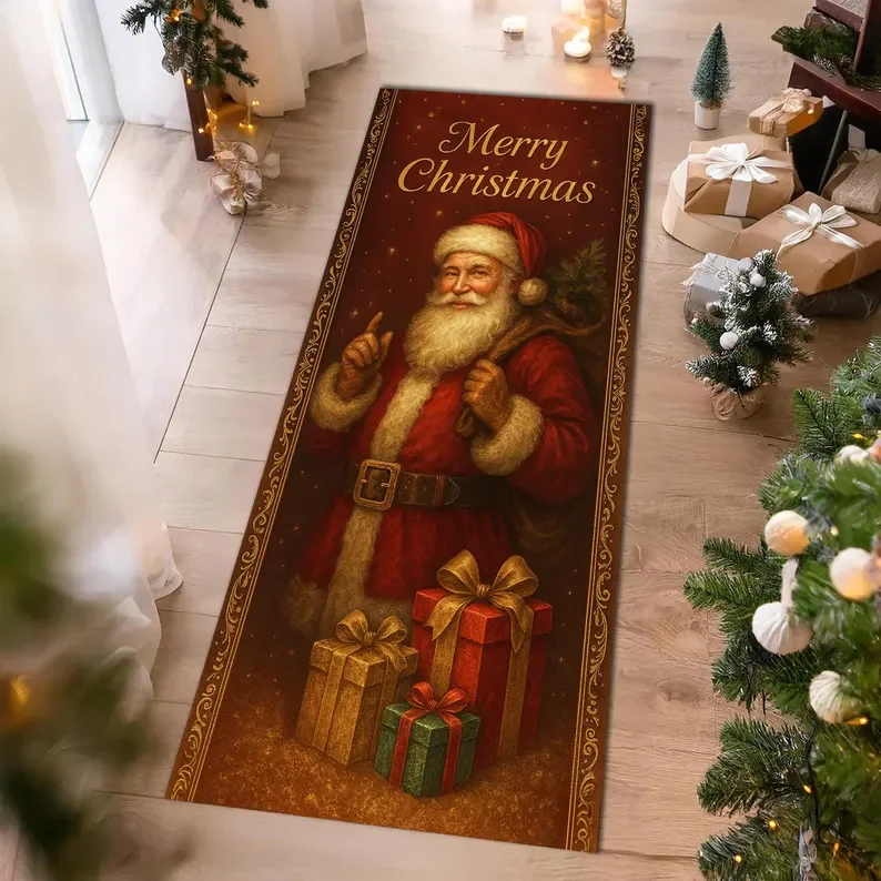 Weihnachtsmann-Läufer-Teppich mit Geschenken, roter Weihnachtsteppich, festlicher Feiertags-Flurteppich, saisonale Winter-Heimdekoration Image
