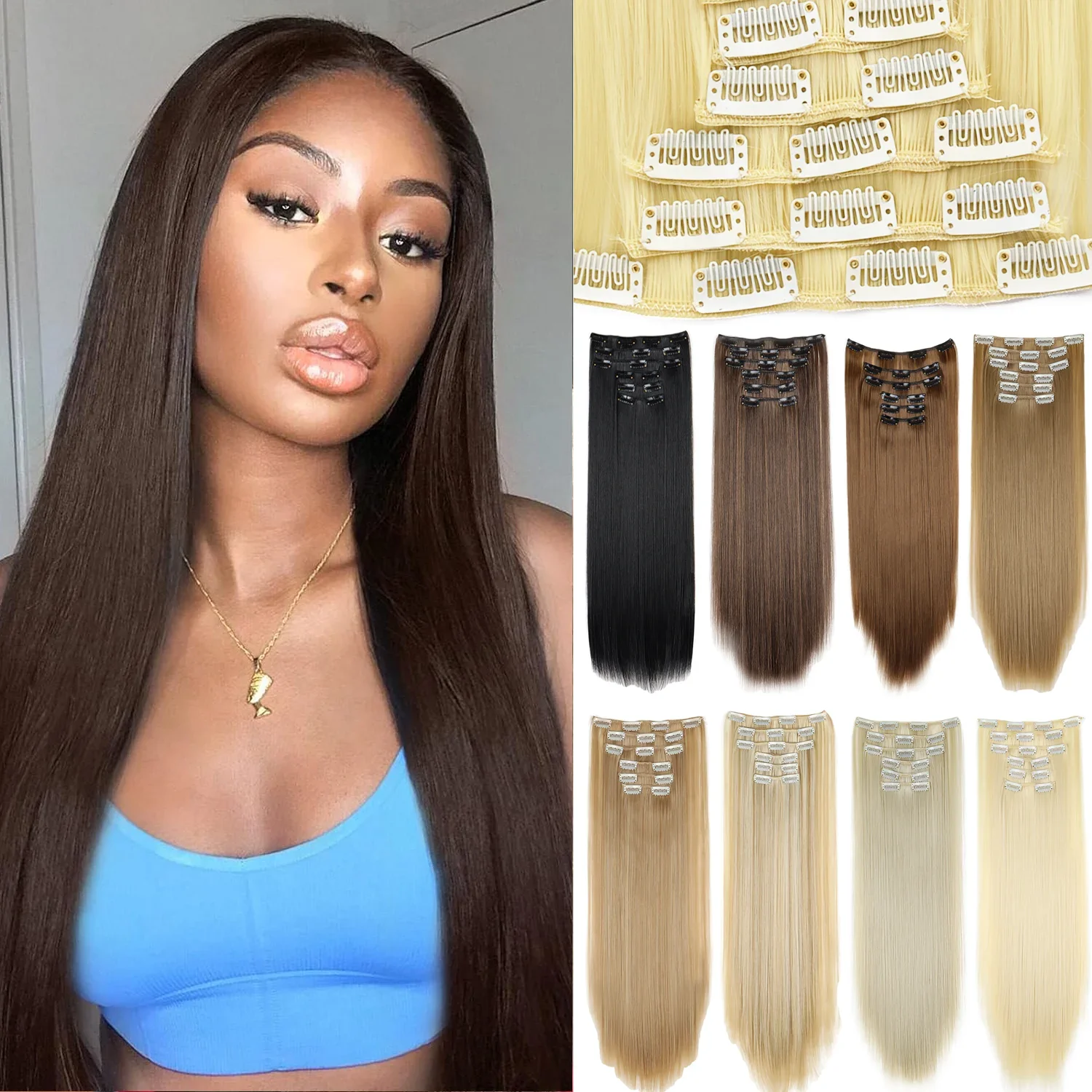 Synthetische Clip-in-Haarverlängerungen, 6 Stück, 16 Clips, langes, gerades Haarteil für den ganzen Kopf, natürlicher Look, Cosplay, Alltag, Party, Kostüm, Perücke Image