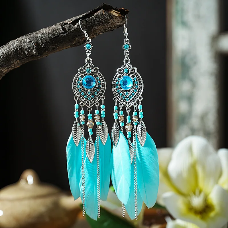 Boho Feder Lange Blatt Quaste Drop Ohrringe Für Frauen Geometrische Strass Kristall Perlen Handgemachte Kette Hochzeit Ohrringe Schmuck Image