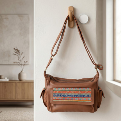 'Multiple-Comparment 100% Leather Shoulder Bag in Brown Hues'