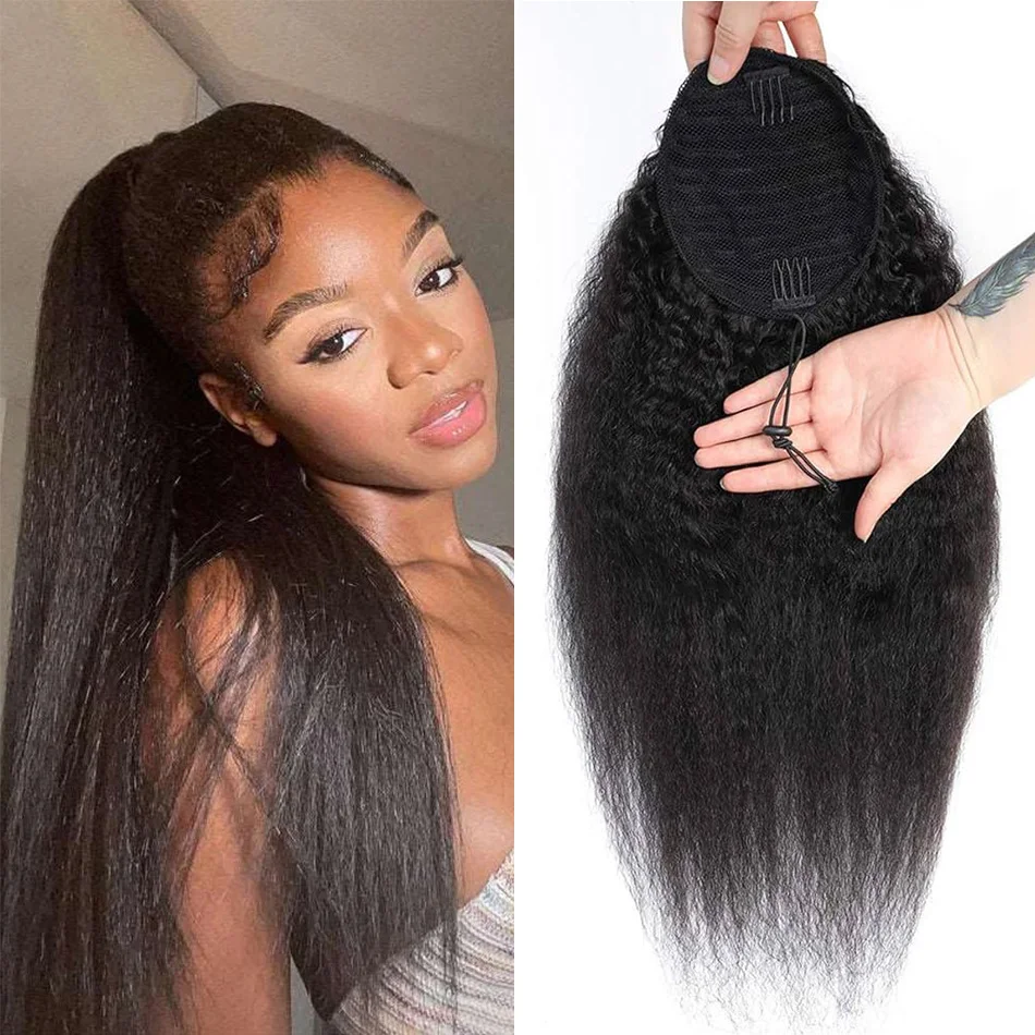 Kinky Straight Drawstring Pferdeschwanz 100% Echthaar-Pferdeschwänze # 1B Natürliche schwarze Clip-in-Haarverlängerungen für tägliches Cosplay, 1 Stück Image