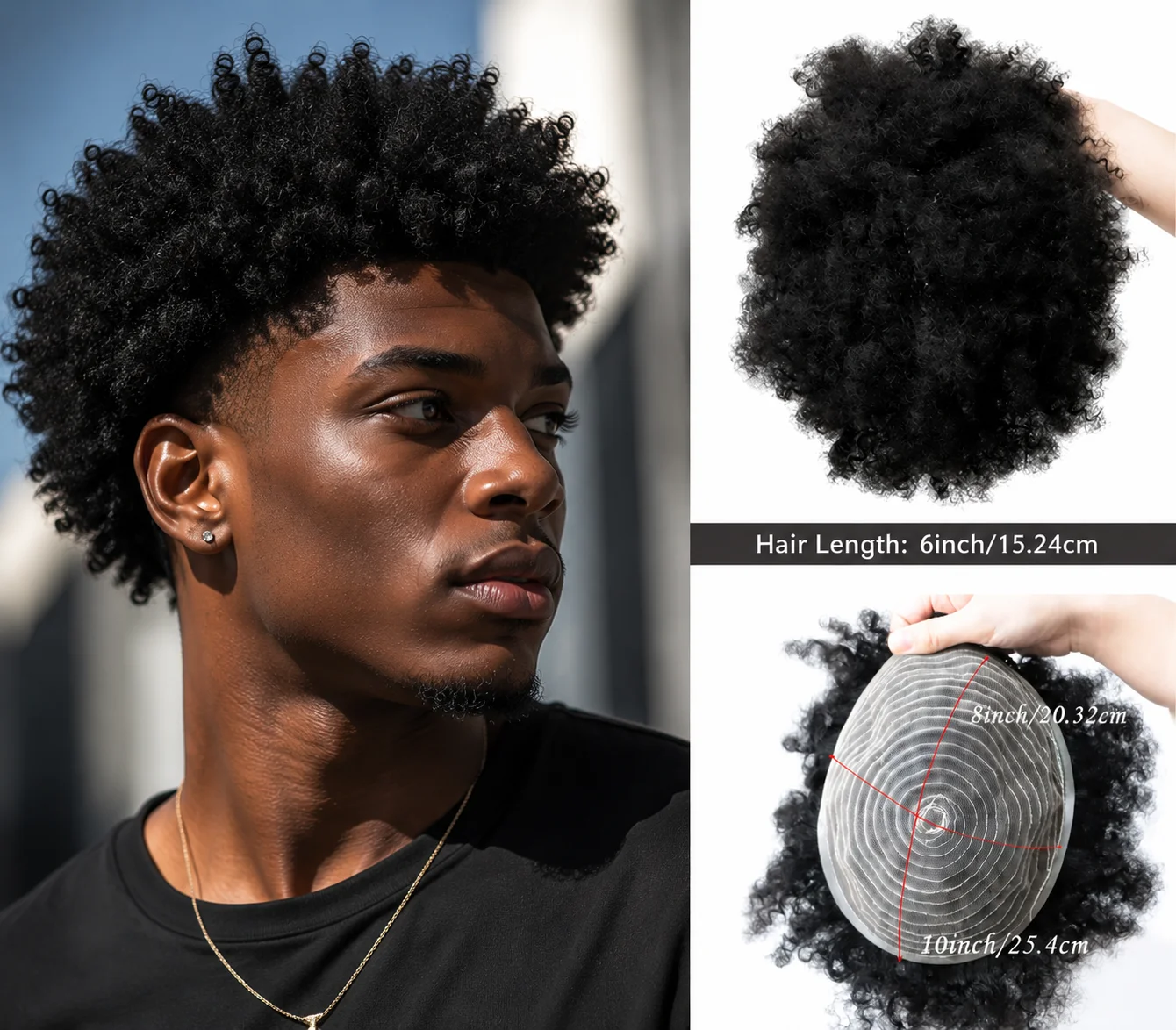 Ultradünnes Afro-Locken-Toupet für Männer 8x10 100% Echthaar Atmungsaktives Natürliches Schwarz Tägliches Haarteil Image