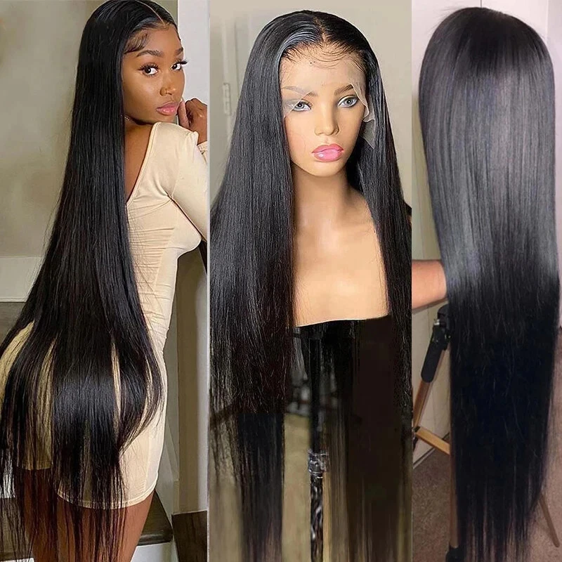 13x4 Brasilianisches Echthaar Wear and Go 200 Dichte Glatt 13x6 HD Lace Frontal Perücken Natur Schwarz Vorgezupft mit Baby Hair Image