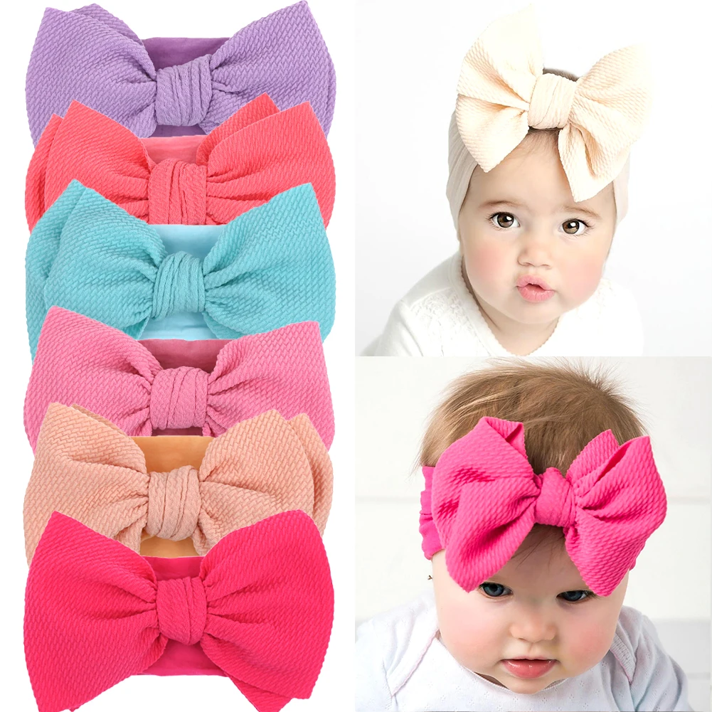 Solides Stirnband mit großer Schleife und Haarknoten für Babys, elastische Nylon-Haarbänder, handgefertigt, für Neugeborene, modische Turban-Kopfbedeckungen, Zubehör Image
