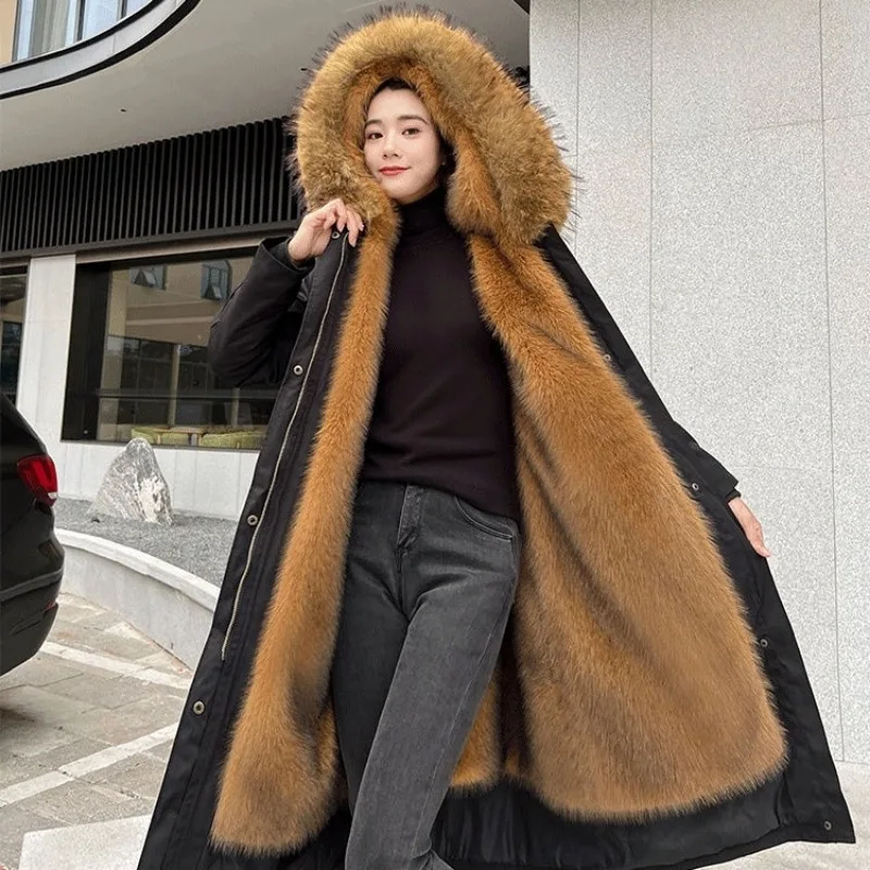 Frauen lange Parkas Pelz gefüttert Kunst pelz Mantel warme Jacke Kapuze dicke große Fuchs Pelz Futter Frauen Kleidung rot schwarz Pelzmantel