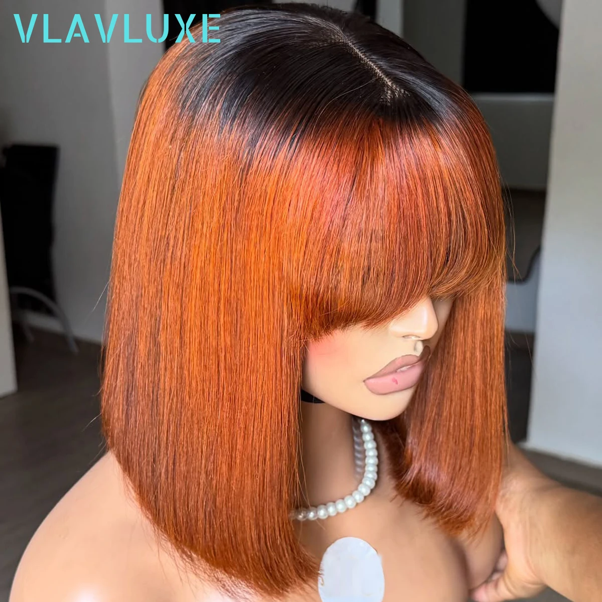 Ombre Orange Ginger Bob 350% Dichte Echthaarperücke Bob Farbige Perücken T1b/350 Farbiger Bob mit Pony Klebefreie Bob-Perücken für schwarze Frauen