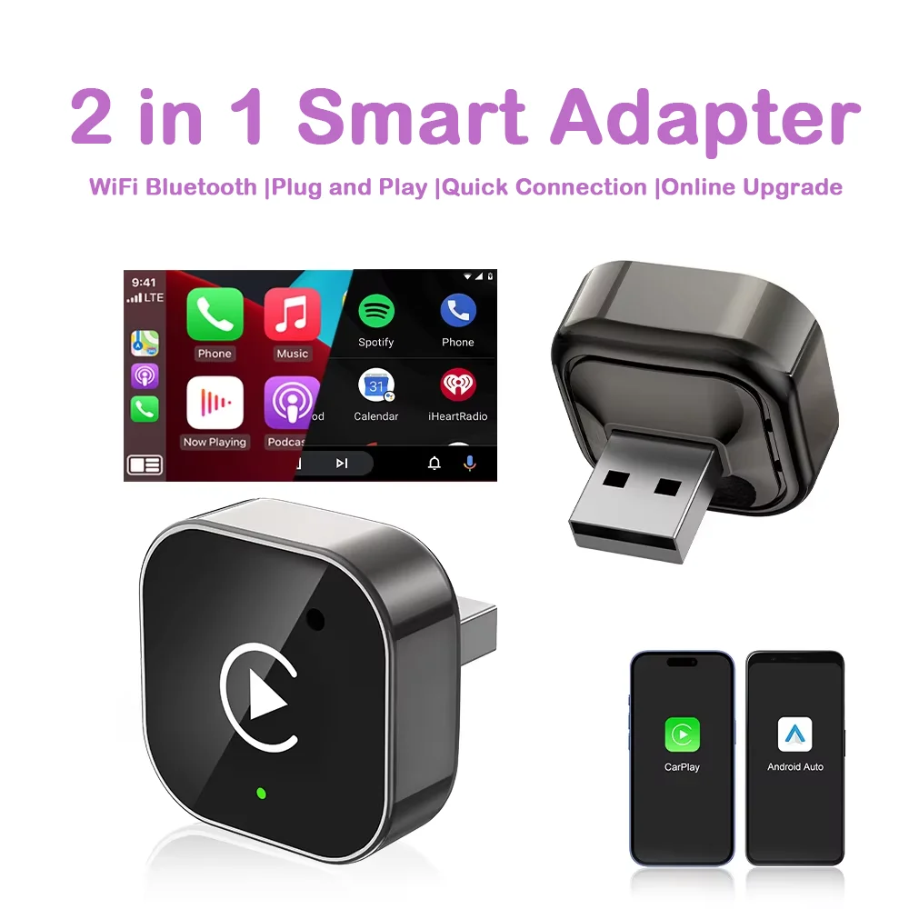 2-in-1 Wireless Carplay Android Auto Adapter, kabelgebundener zu kabelloser Carplay-Adapter für iPhone, kabellose Steuerung, Plug & Play Carplay Image