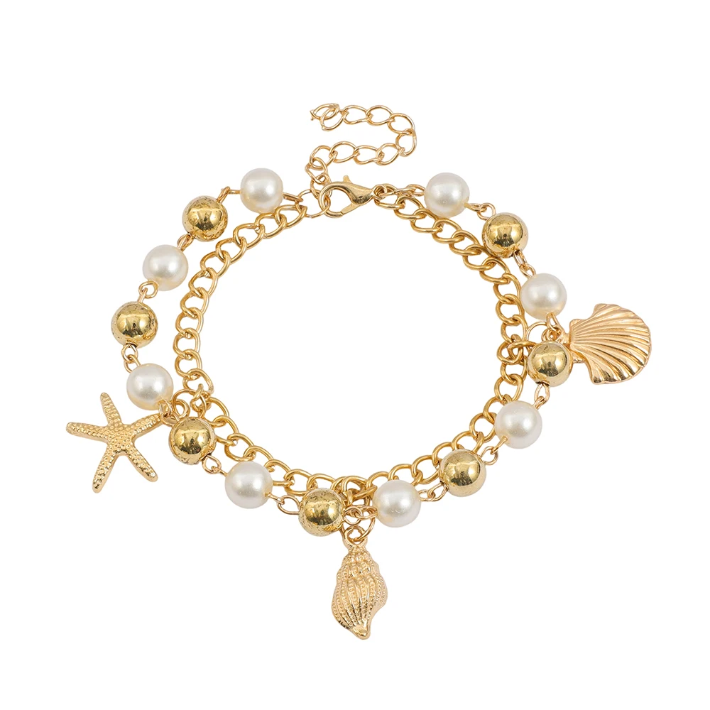 2026 neue Ocean-Serie Zinklegierungsarmband, Goldperle, Seestern- und Muschelanhänger, verstellbare Kette, Bohemian-Strandmädchen-Schmuck Image