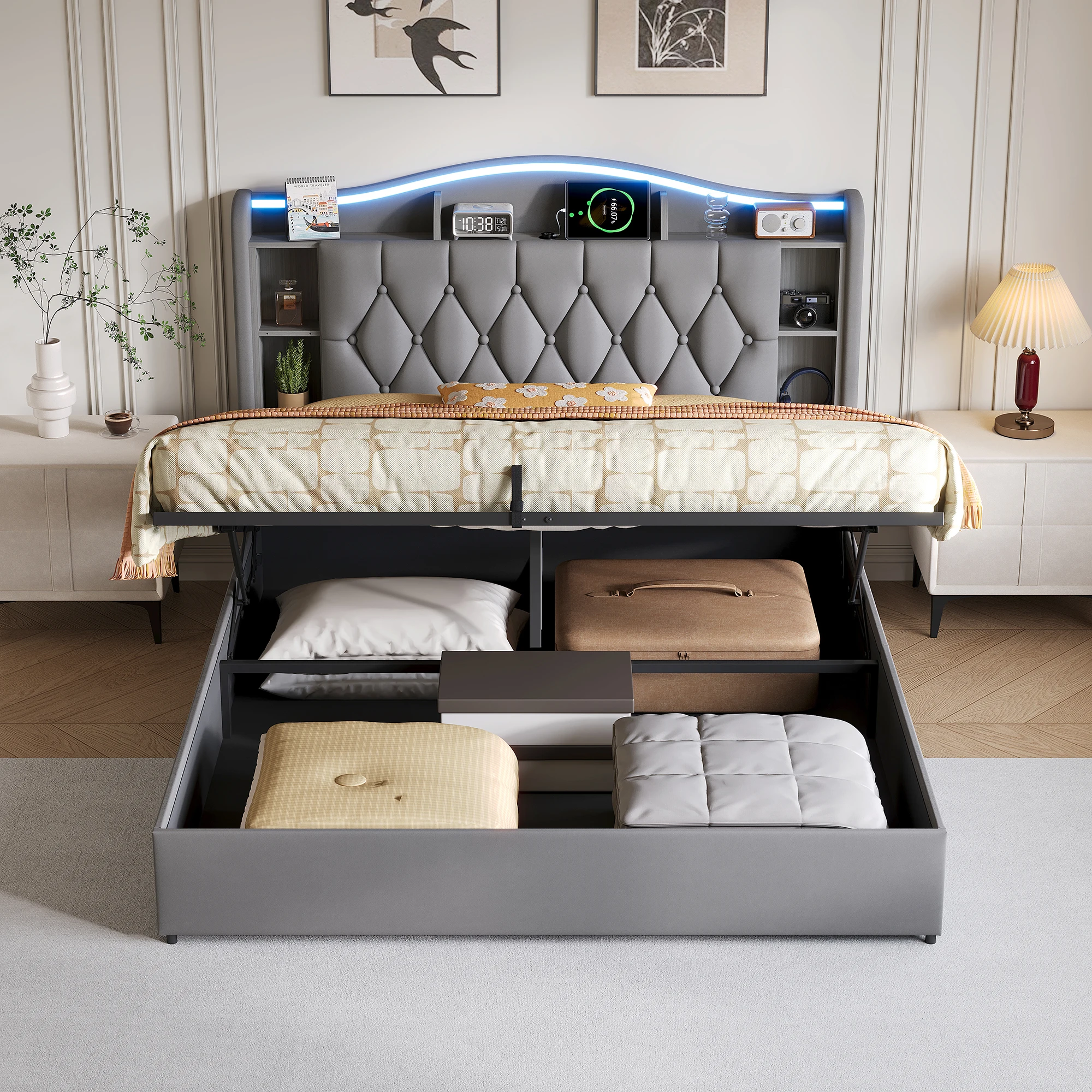 Comanlai 140/160×190/200 cm modernes multifunktionales Bett, Doppelbett, Jugendbett, LED-Streifen und kabelloses Laden, Bett aus Leinenstoff