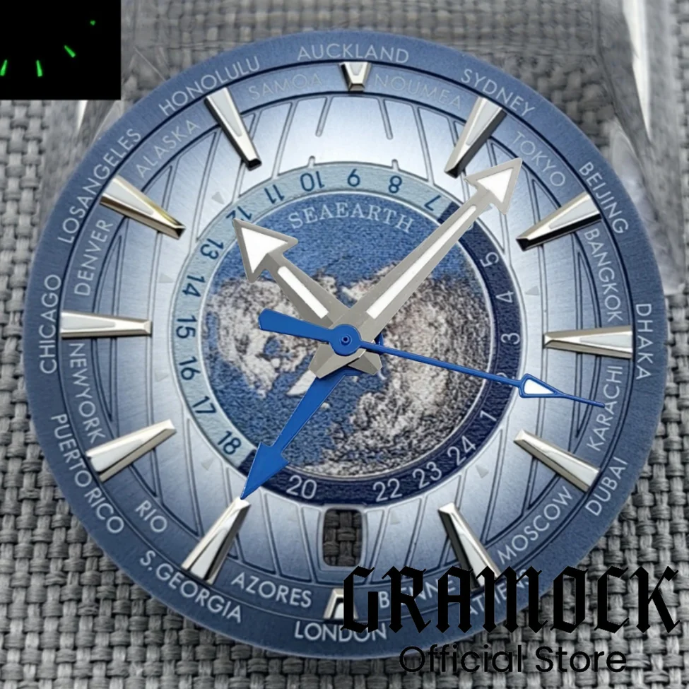 33,5 mm Universal Time Blau Grün Schwarz Zifferblatt 6 Uhr Datum mit Grün Schwarz Blau GMT NH34 4 Zeiger passend für NH34 NH35 Uhrwerk