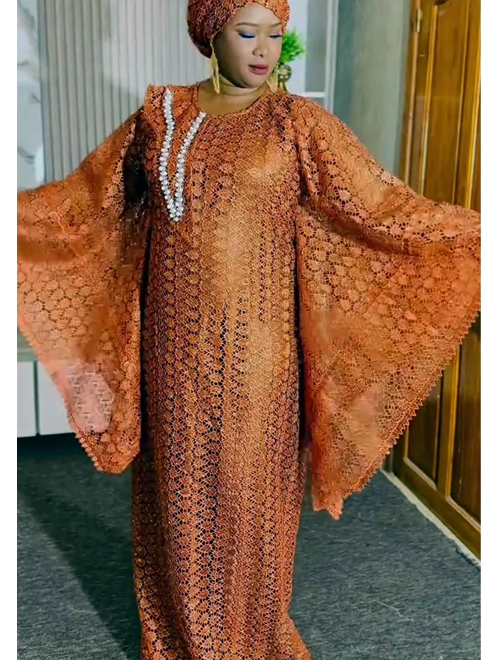 Elegantes Afrikanisches Zweiteiler-Set Spitzenkleider Kaftan Boubou Abayas Robe Muslimisches Hochzeits-Abendkleid Langes Kleid Einheitsgröße Image