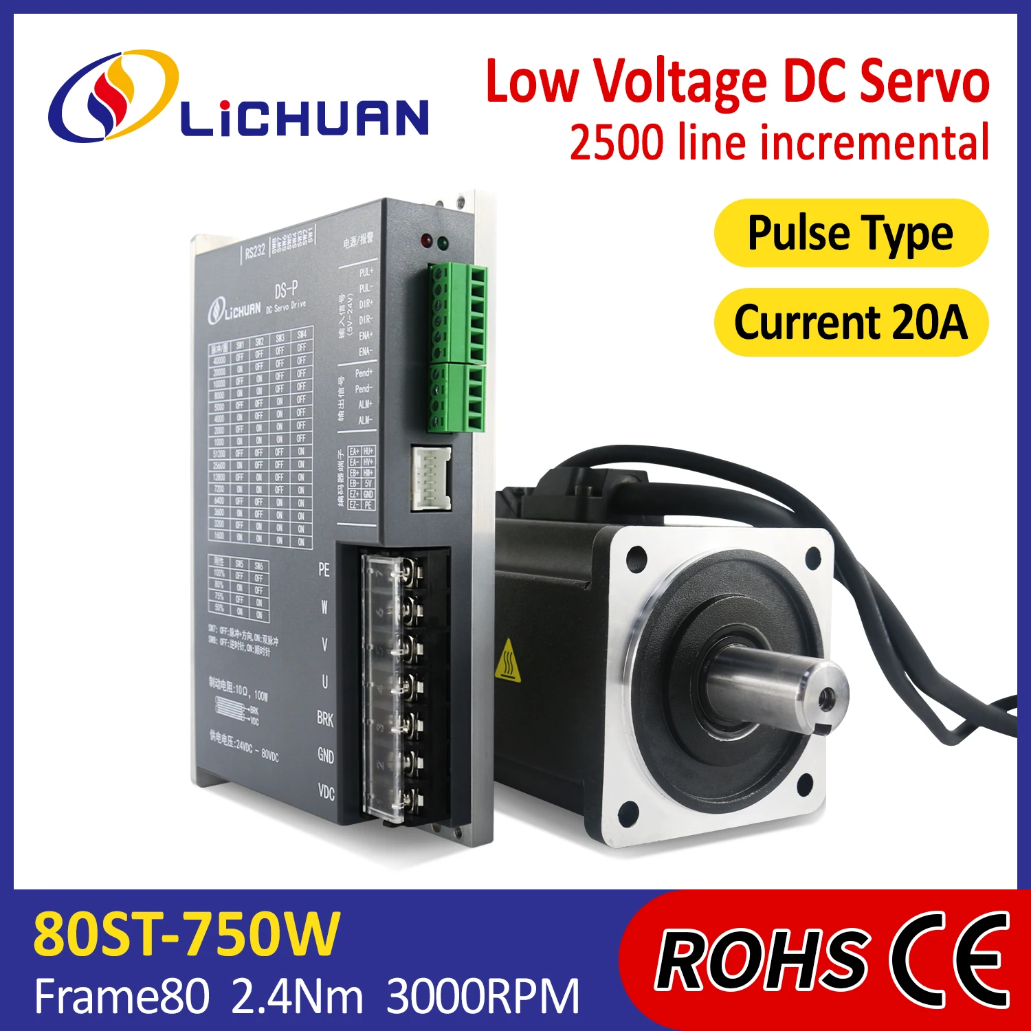 Lichuan DS-P Niederspannung 750 W Servomotor-Controller 48 V 19 A 3000 U/min IP65 2,4 Nm DC-Servomotor-Treiber-Kit für CNC/Lasermaschine Image