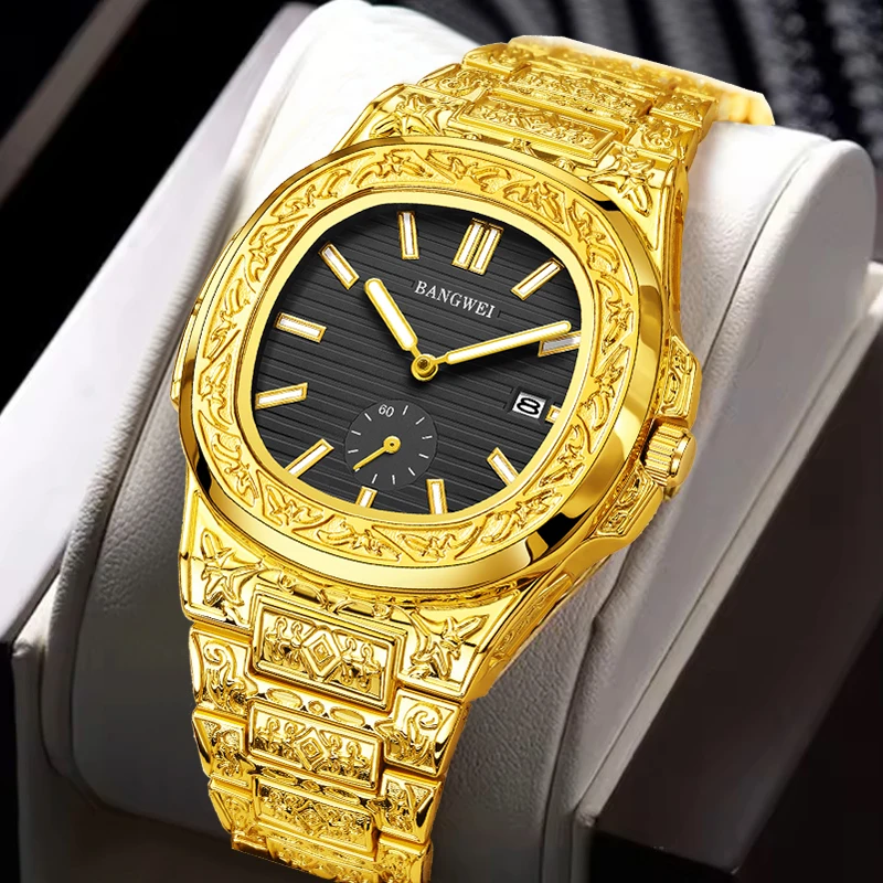 BANGWEI Neue Goldene Quadratische Uhr für Herren Mode Edelstahl Wasserdichte Herren Quarz-Armbanduhr Lässige Sport-Herrenuhren Image