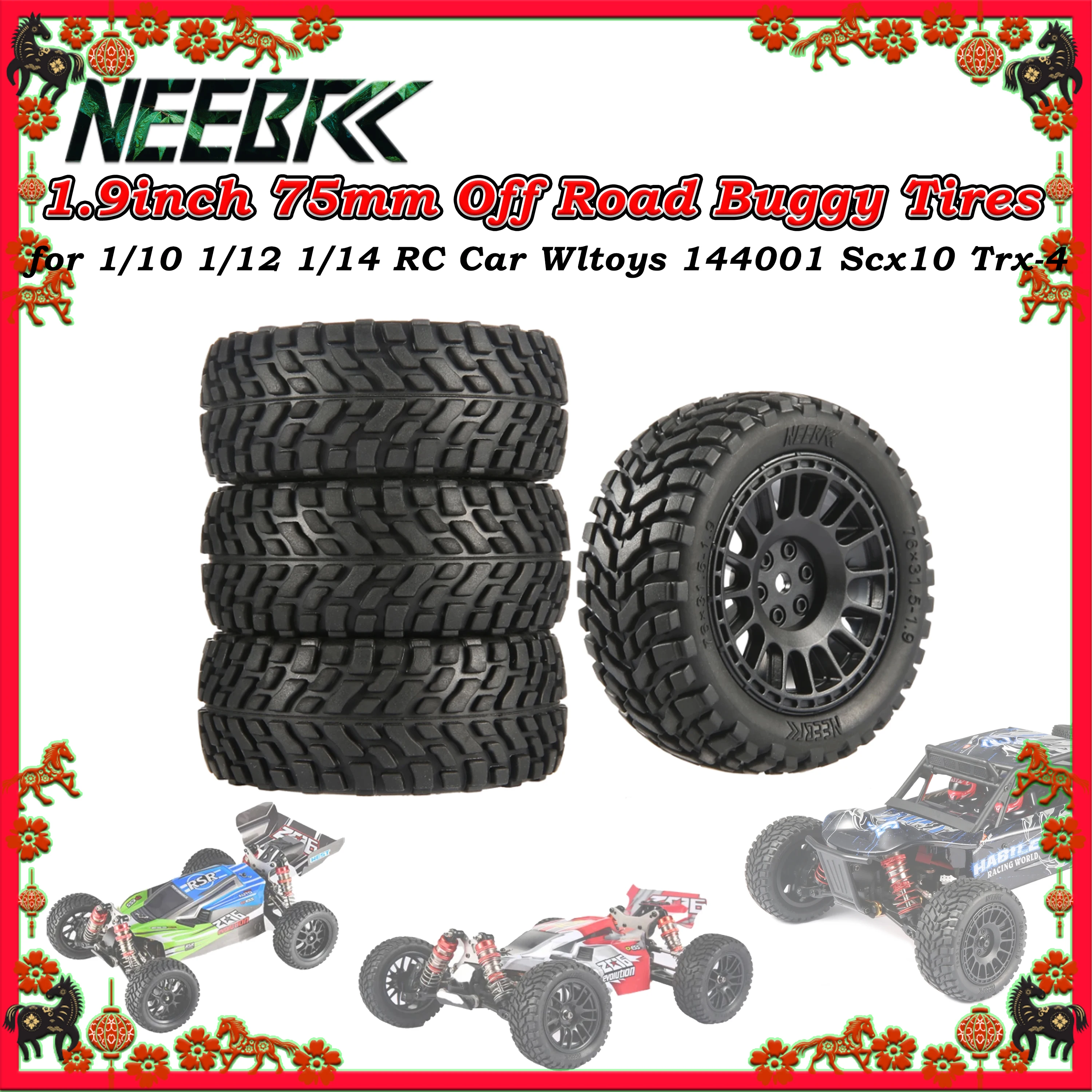 Pneumatici e Ruote NEEBRC da 75mm 1.9 Pollici per Buggy Fuoristrada con Mozzi Esagonali da 12mm per Auto RC Wltoys 144001 1/12 1/14 1/10 Scx10 Traxxas Trx-4 Tamiya