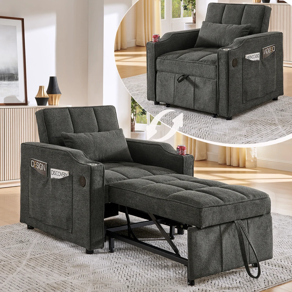 3-in-1 Sessel mit USB/Type-C-Anschluss, Schlafsofa (190cm) mit Edelstahl-Getränkehalter, 3-stufig verstellbare Rückenlehne