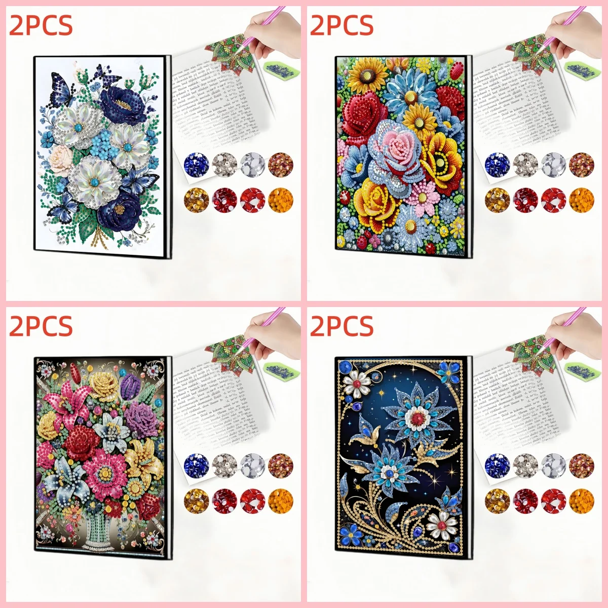 2 Stück, 1 Diamond-Painting-Notizbuch + 1 Lesezeichen, Blumenmuster, PU-Leder, für die Aufzeichnung von Schreibaufzeichnungen im Home-Office