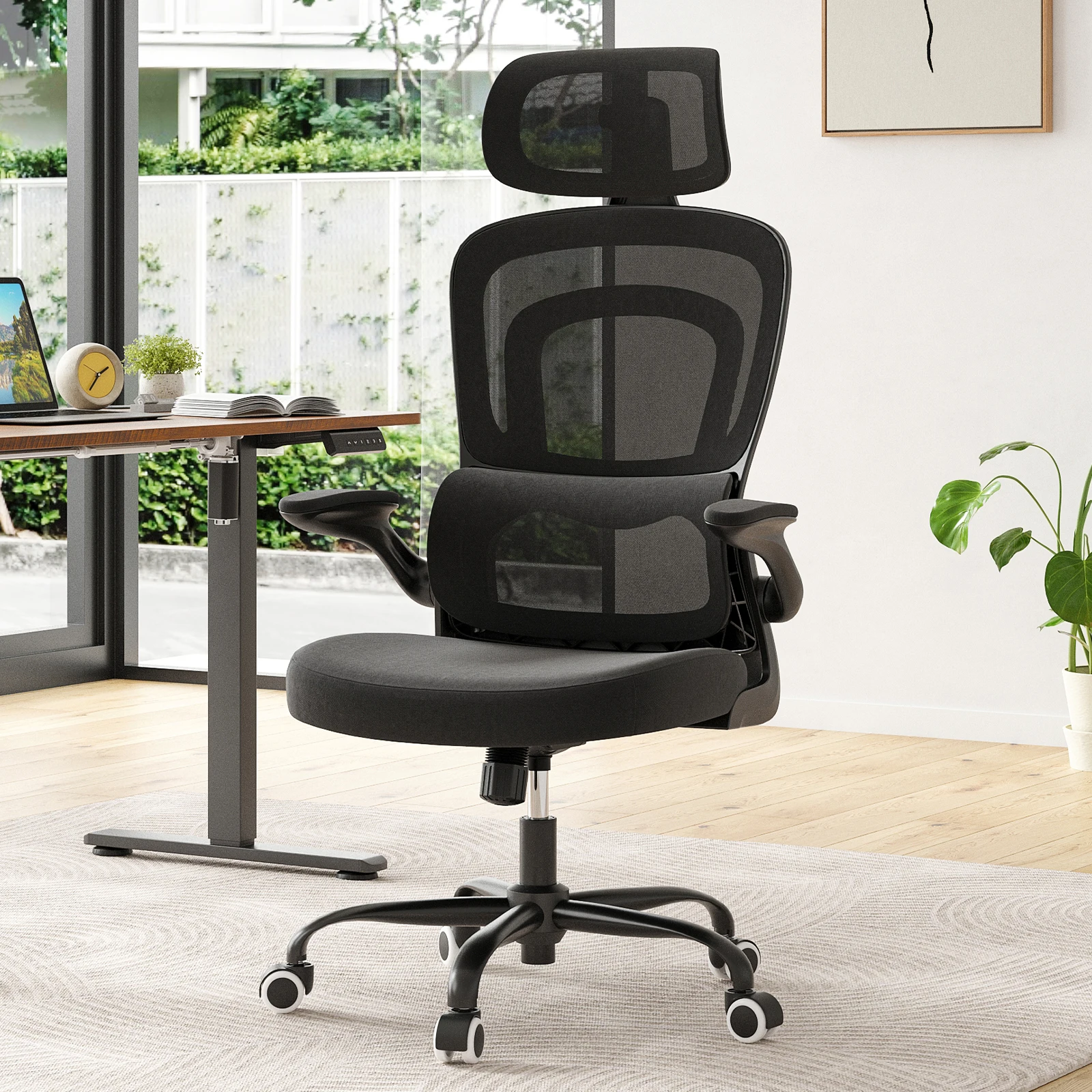 Farini Ergonomischer Stuhl, Büro-Computerstuhl mit Rollen, Schreibtisch für bequemes Heimbüro, höhenverstellbarer Stuhl mit Kopfstütze
