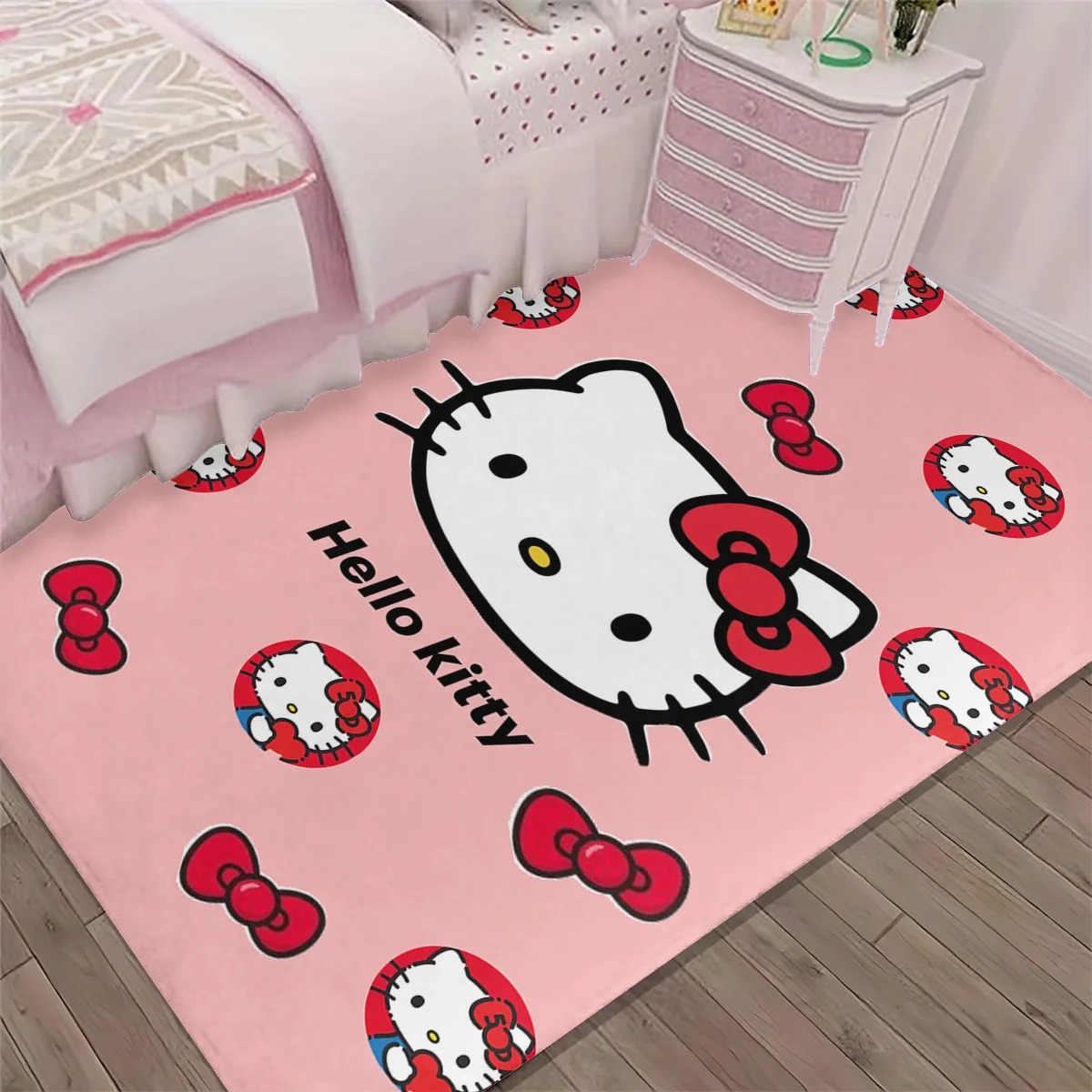 Hello Kitty Kawaii Teppich, rosa, rotes Schleifenmuster, rutschfeste Bodenmatte für Kinderzimmer, Wohnzimmer, Heimdekoration