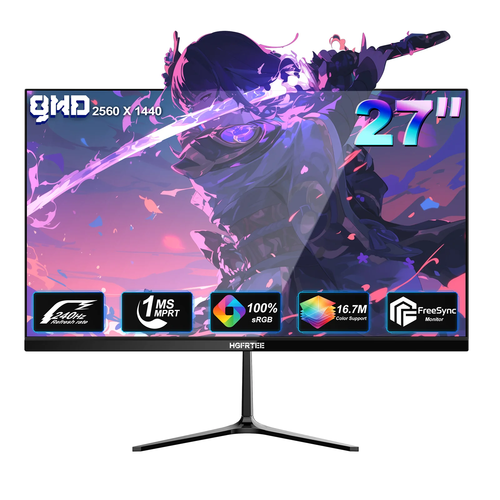 HGFRTEE Moniteur de jeu QHD 27 pouces 240 Hz 1 ms, écran haute résolution, synchronisation adaptative HDR10, écran PC pour joueur avec HDMI 2.1 DP 1.4